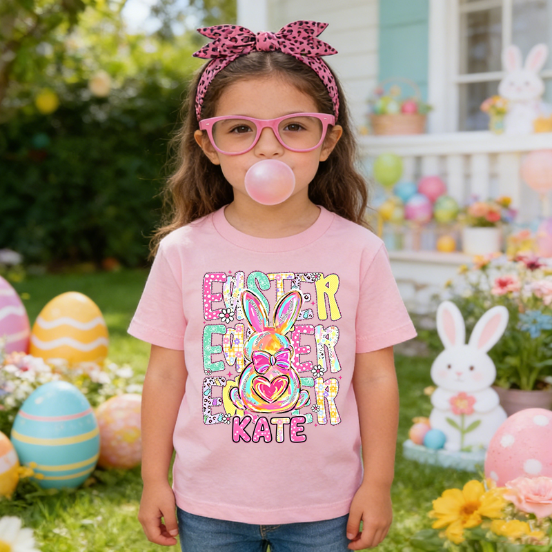 Personalized Cute Bunny Happy Easter Comfort Colors 100% Cotton Kid T-shirt with Name Easter Egg Hunt Easter Gift for Boys Girls