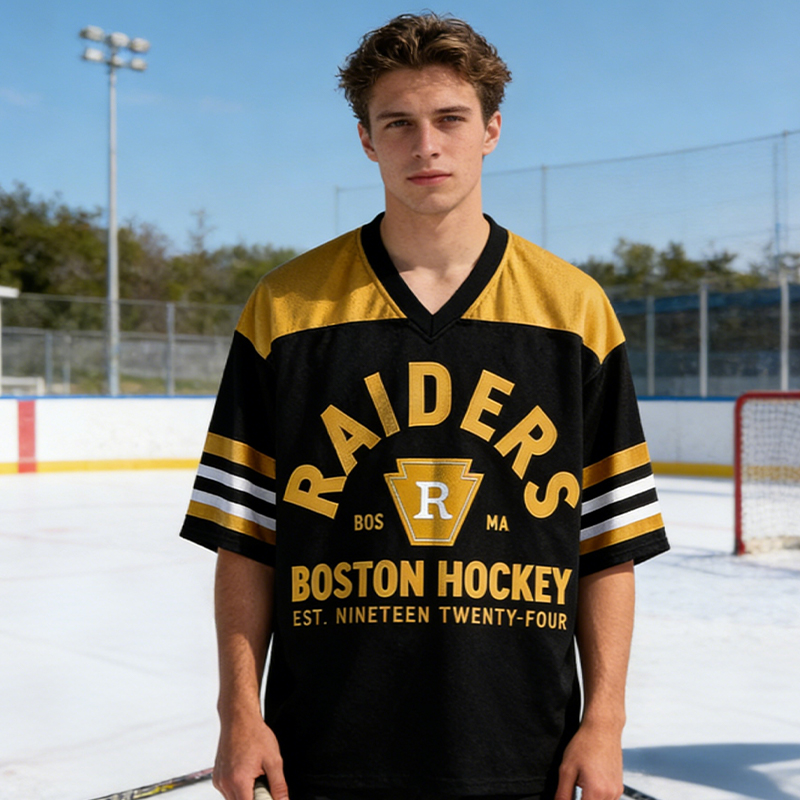 Personalized Black Gold Boston Raiders Hockey Team Mesh Jersey for Ice Hockey Lovers