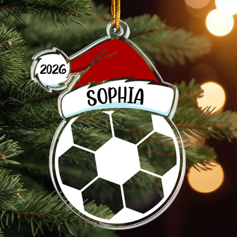 Personalized Sports Themed Ornament with Santa Hat Design and Custom Name and Year  