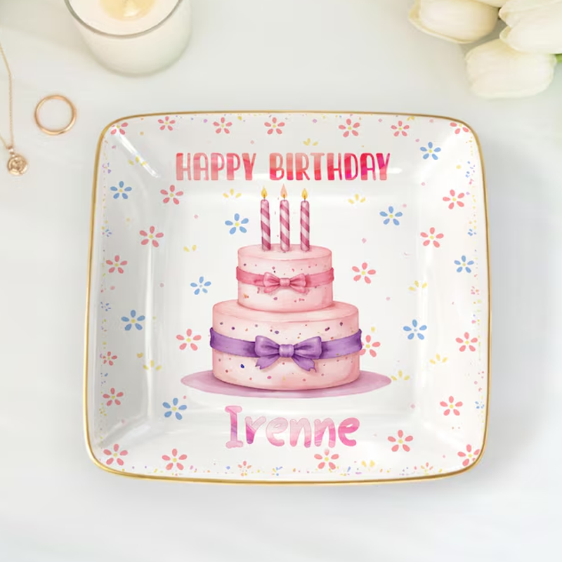 Personalized Happy Birthday Cake Ring Dish Handcrafted Hand Painted Jewelry Dish Ceramic Gift Personalized Kids Keepsake Plate
