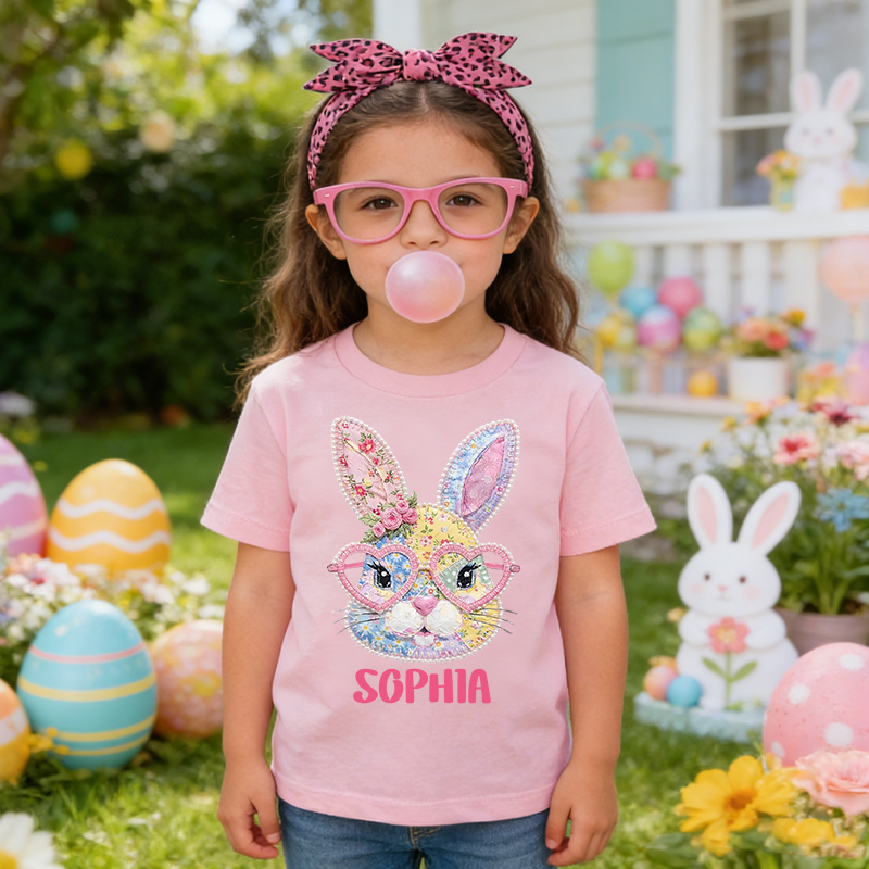 Personalized Cute Floral Bunny Patchwork 100% Cotton Kid T-shirt with Name Easter Egg Hunt Easter Gift for Boys Girls