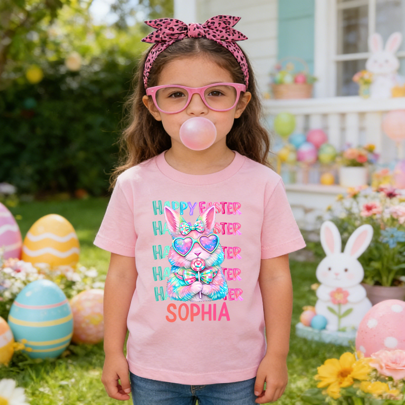 Personalized Coquette Easter Bunny 100% Cotton Kid T-shirt with Name Easter Egg Hunt Easter Gift for Boys Girls
