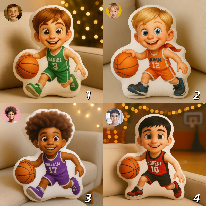Personalized Basketball Player Pixar Style Pillow with Custom Name and Face Gift For Basketball Players and Kids