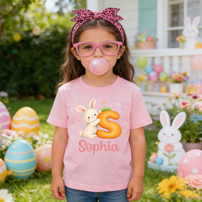 Personalized Easter Bunny Carrot Letter Custom Name Cute Spring Celebration Gift Kid T-shirt