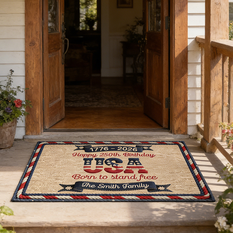 Personalized USA 250th Anniversary Doormat with Custom Family Name for Patriotic Home Decor