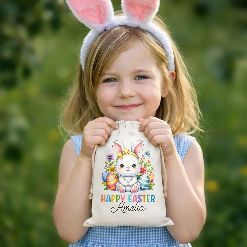 Personalized Happy Easter Watercolor Bunny Favor Bag Easter Party Favors Bunny Drawstring Bags Reusable Easter Bags