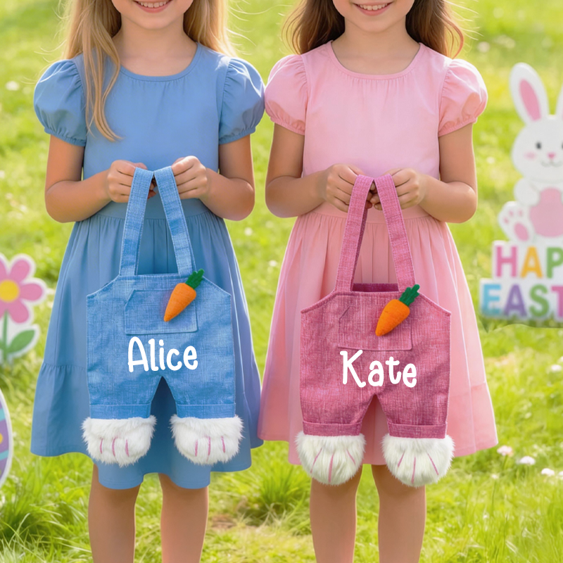 Personalized Cute Easter Bunny Overalls Tote Bag with Name Happy Easter Egg Hunting Gift for Kids