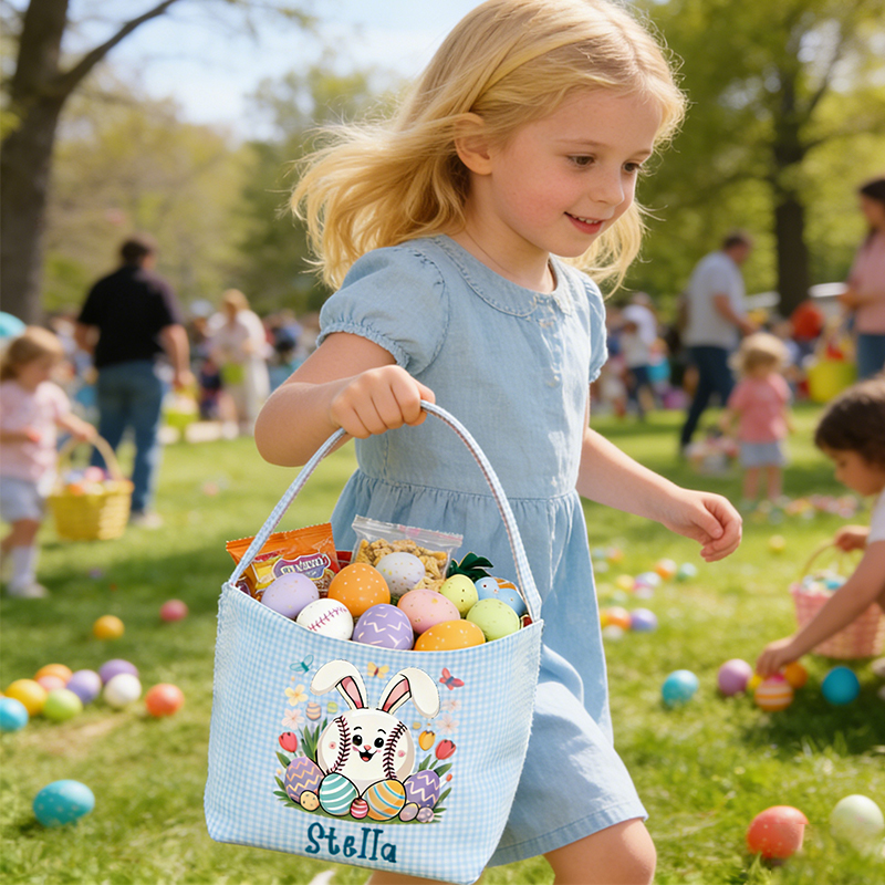 Personalized Easter Baseball Bunny & Egg Basket - Custom Name Tote for Girls and Boys