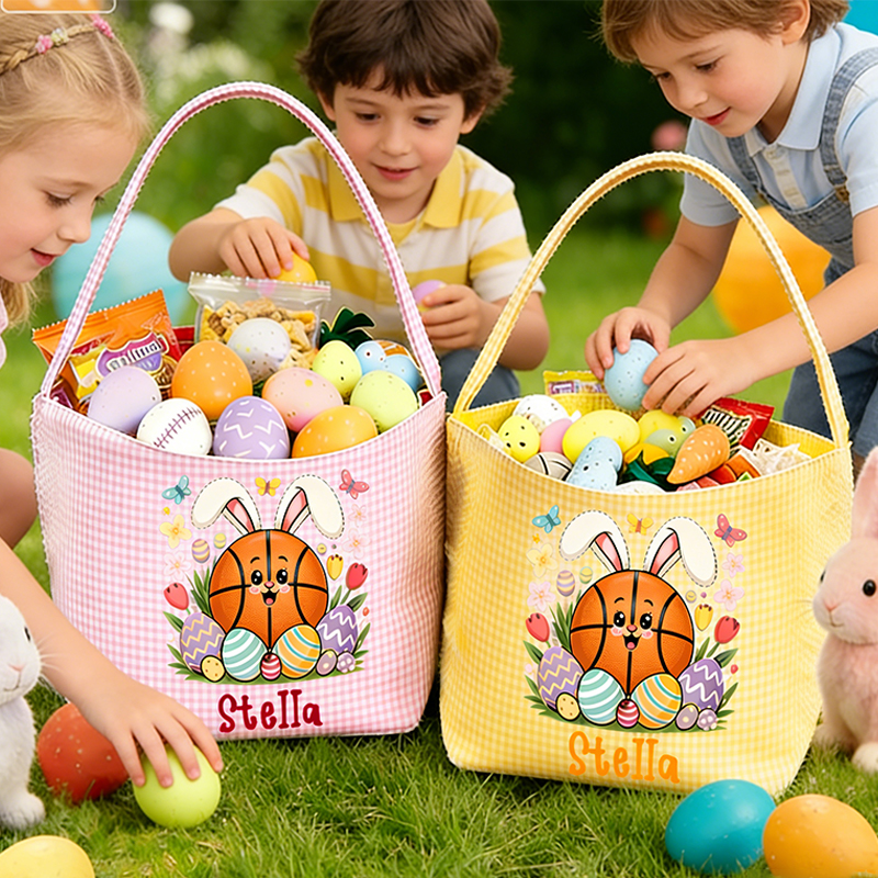 Personalized Basketball Bunny Easter Basket with Custom Name Gingham Tote for Kids Easter Gifts