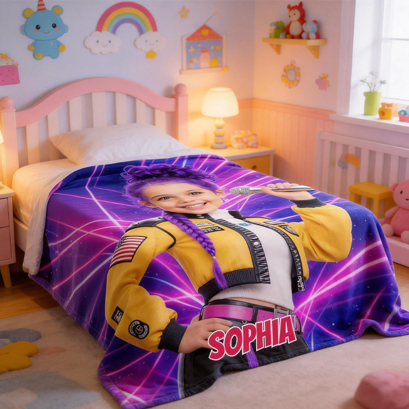 Personalized Pop Star Girl Blanket with Child’s Face & Name Anime Style Girl Gift Funs Lover Gifts
