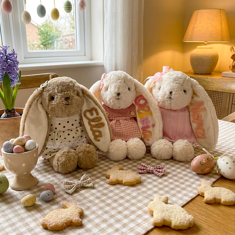 Personalized Easter Bunny Plush Custom Name Embroidered Rabbit Doll 6 Outfit Styles Easter Gift for Kids Easter Basket Gift Bunny Keepsake