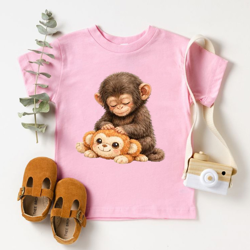 Cute Baby Monkey Hugging Plush Toy Soft Cotton Comfortable Gift Dear Punch Monkey Graphic Kid Shirt Emotional Animal Lover Gift