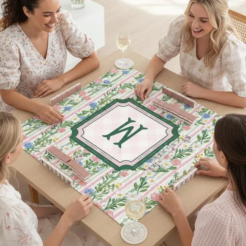Personalized Pink Flower Mahjong Mat Custom Name Waterproof Non Slip Elegant Table Protector Gift Mahjong Mat