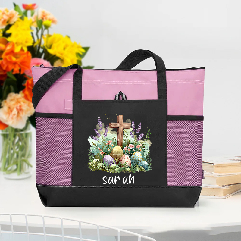 Personalized Easter Eggs Floral Cross Zipper Tote Bag with Name and Mesh Pocket Prayer Day Easter Storage Holiday Gift for Women Christian