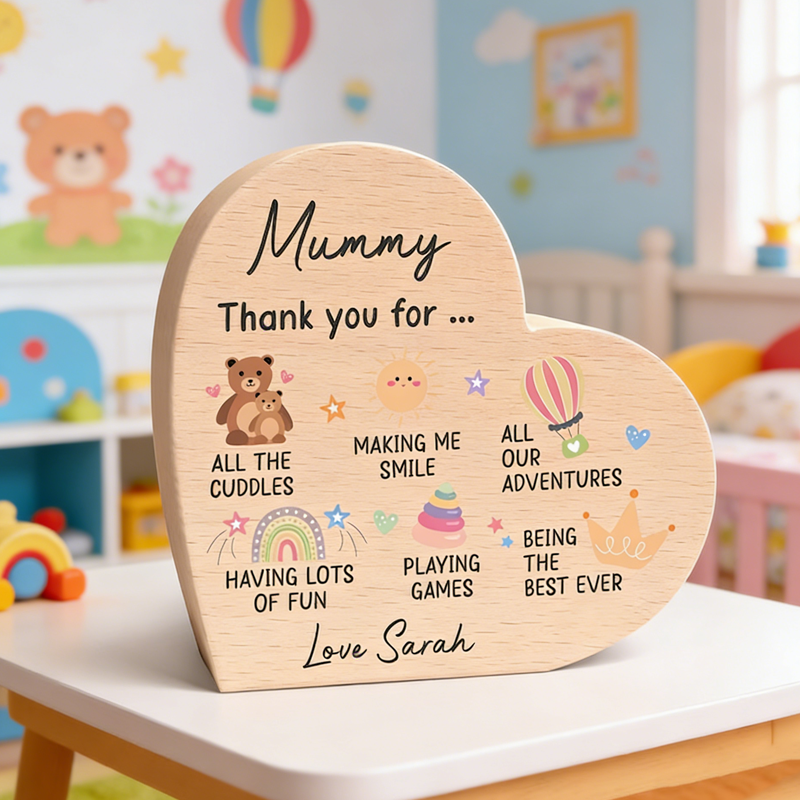 Personalised Mummy Gifts From Baby Son Daughter Custom Wood Heart With Grey Bag Lovely First Mothers Day Gift