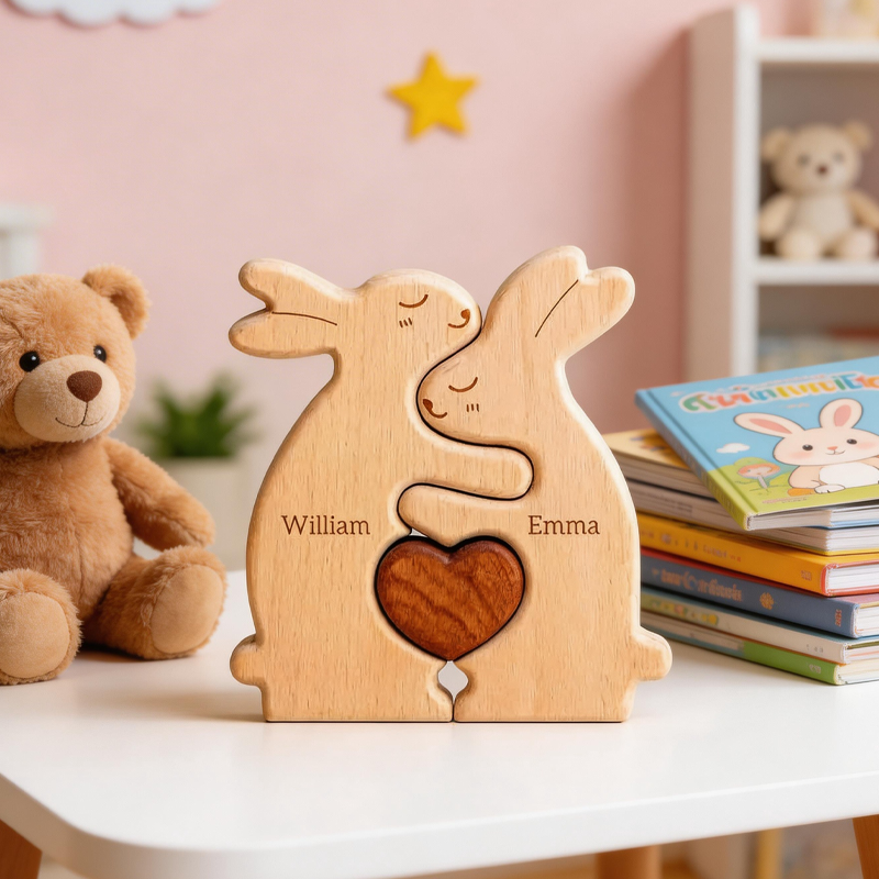 Personalized Wooden Rabbit Family Puzzle Custom Name Engraved Bunny Decor Wood Nursery Keepsake Nursery Room Decor Kids Birthday Gift