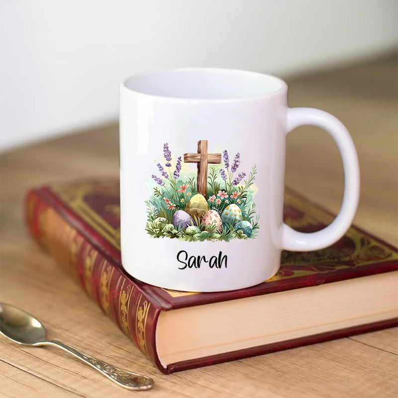 Personalized Colorful Eggs Floral Cross Ceramic Mug with Name Easter Gift Birthday Gift for Boys and Girls
