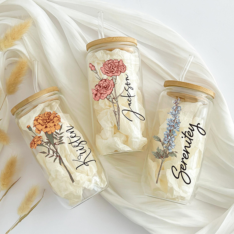 Personalized Birth Flower Glass Tumbler with Straw Custom Mother's Day Gift for Mom Bridesmaid Proposal, Party Favor, Gifts for Her