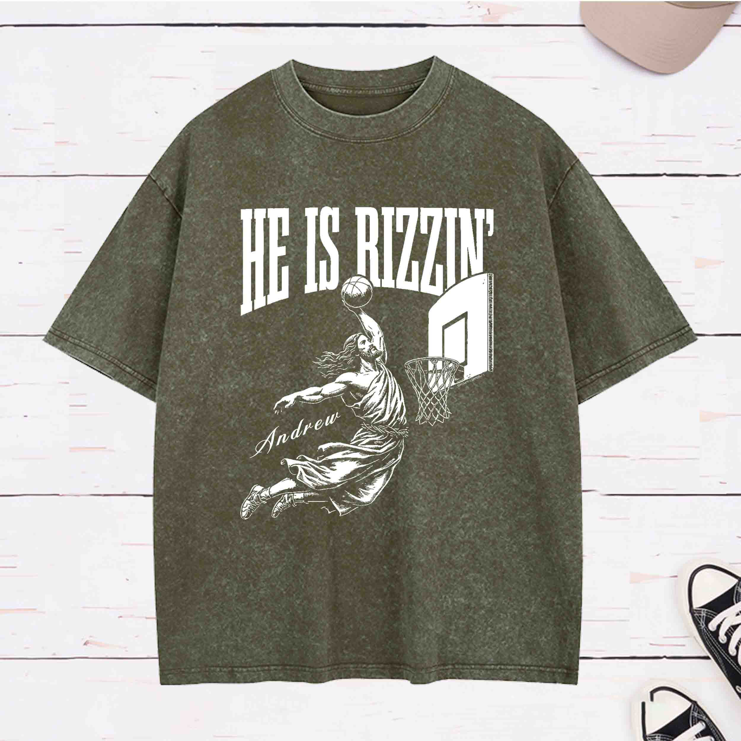 Personalized Character He is Rizzin Washed T-Shirt with Name Birthday Easter Gift for Christian