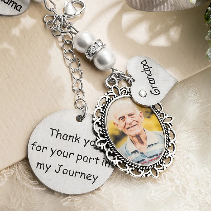 Personalized Lace Oval Photo Bouquet Charm with Heart Engraved Pendant Memorial Wedding Gift for Bride