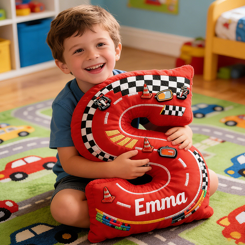Personalized Red Racing Letter Pillow Custom Name Race Track Cushion for Boys and Girls