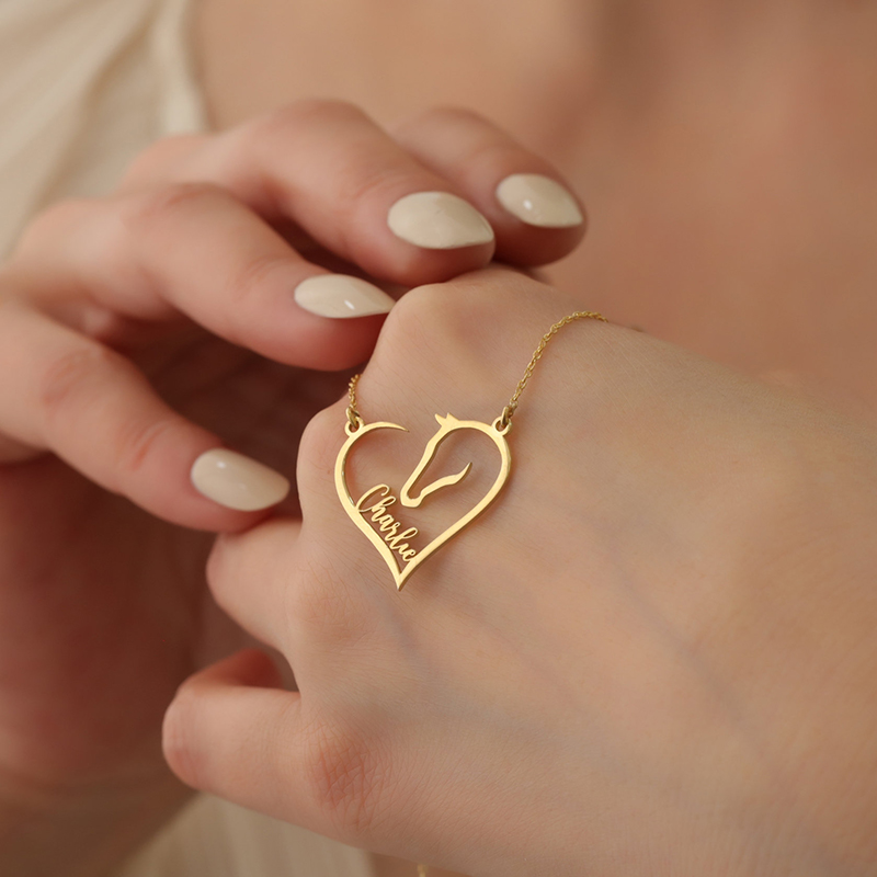 Personalized Heart Horse Head Necklace Custom Name Equestrian Jewelry for Horse Lovers