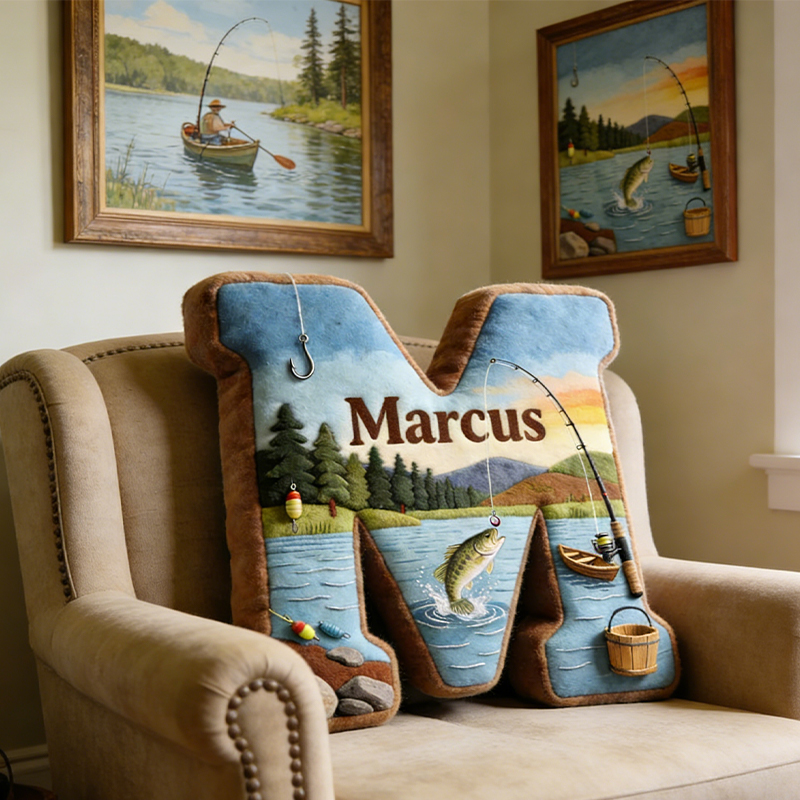 Personalized Fishing Letter Pillow with Custom Name Nature Themed Cushion for Outdoor and Fishing Lovers