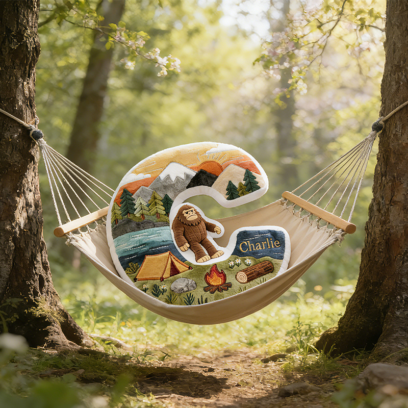 Personalized Sasquatch Camping Alphabet Initial Letter Pillow Gifts For Camping Lovers and Bigfoot Seekers