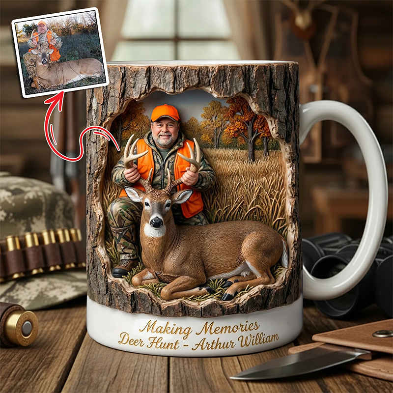 Personalized Hunting Scene Mug Custom Face Deer Hunt Present for Husband Dad Boyfriend