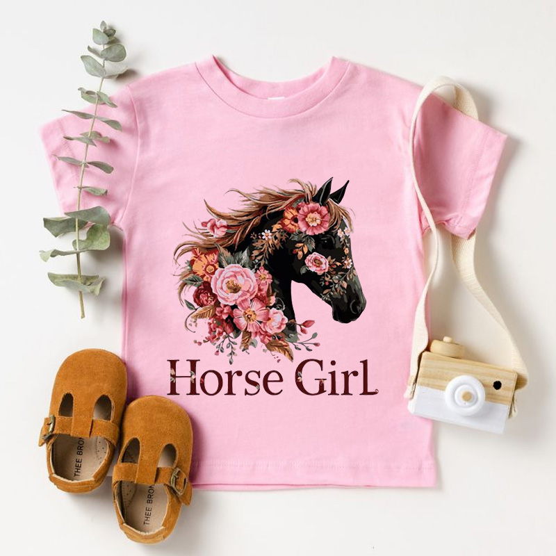 Personalized Horse Kid Equestrian Lover Gift For Kids Cute Floral Pony Riding Outfit Birthday Present Kid's T-Shirt