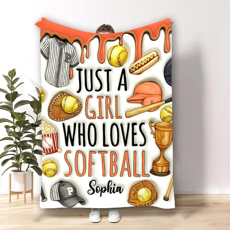 Personalized Softball Blanket with "Just a Girl Who Loves Softball" Design and Custom Name