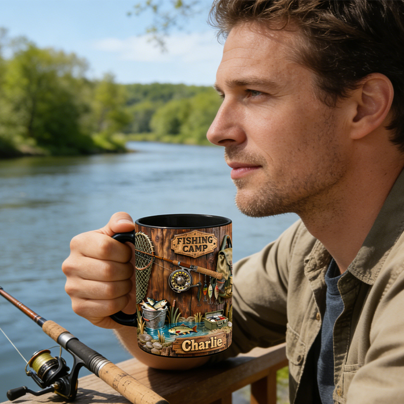 Personalized Fishing Camp Mug Custom Name Outdoor Coffee Cup for Anglers