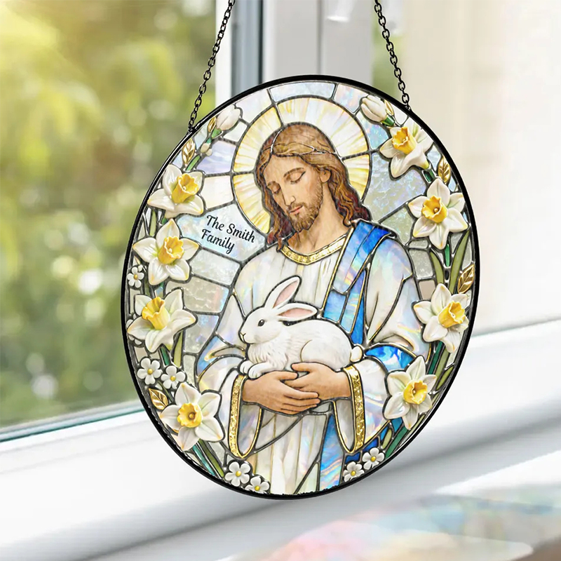 Personalized Christian Sun Catcher Jesus With Bunny Glass Suncatcher Ornament for Easter Window Display Unique Religious Gift