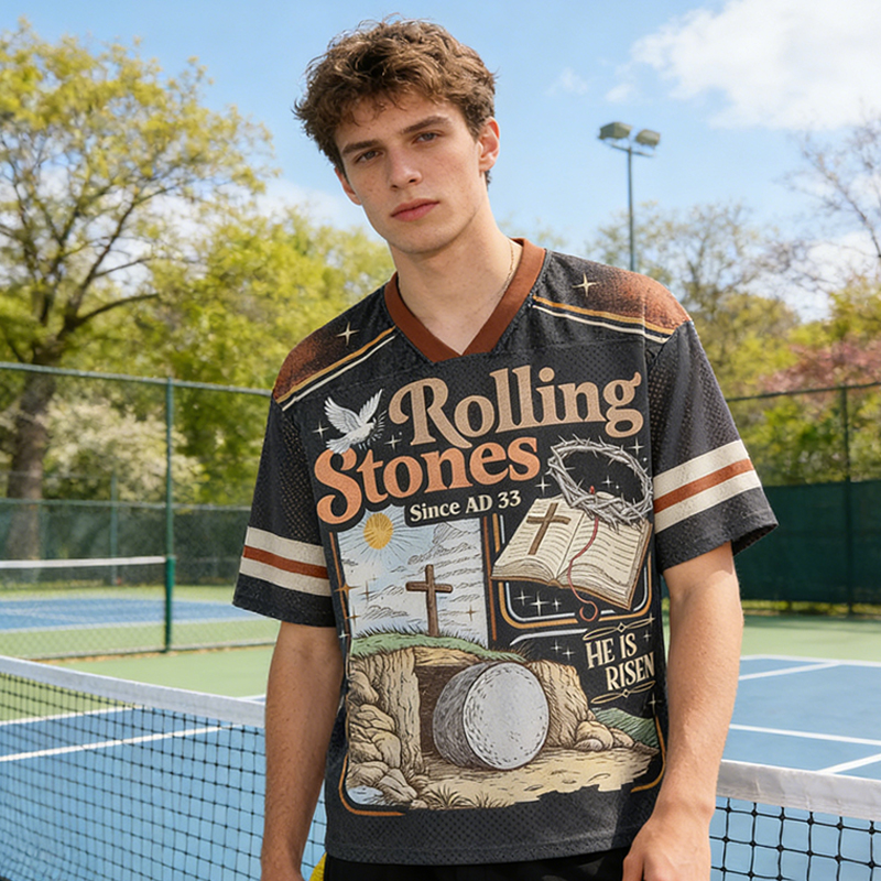 Personalized Rolling Stones He Is Risen Mesh Football Jersey Custom Name and Number Religious Easter Gift for Faithful Fans