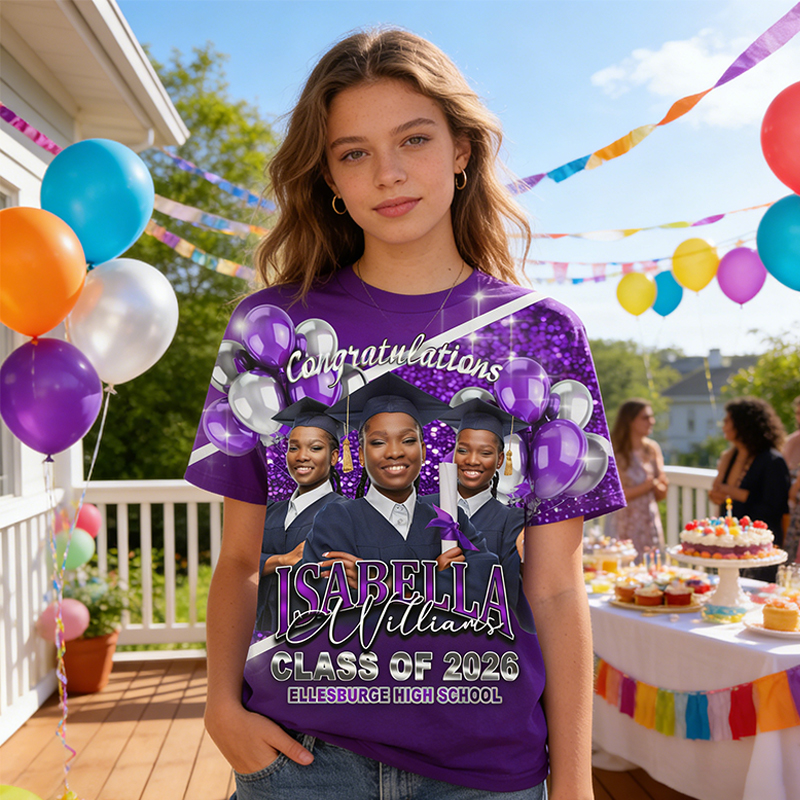 Personalized All Over Print Congratulations Grad Photo T-Shirt Custom School Name and Graduate Name Class of 2026 Shirt