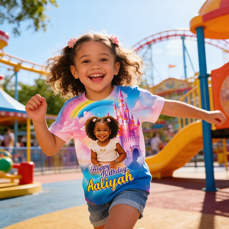 Personalized Princess Castle Birthday All-Over Print T-Shirt Custom Photo and Name Kids Birthday Gift for Little Princess