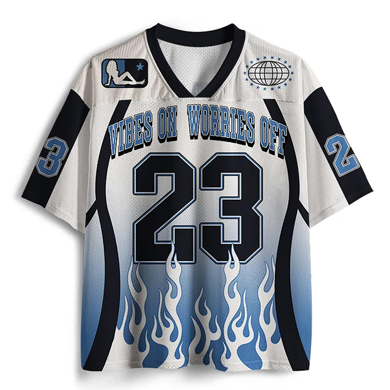 Personalized Vibes On Worries Off Mesh Football Jersey Custom Number Flame Design Streetwear Tee