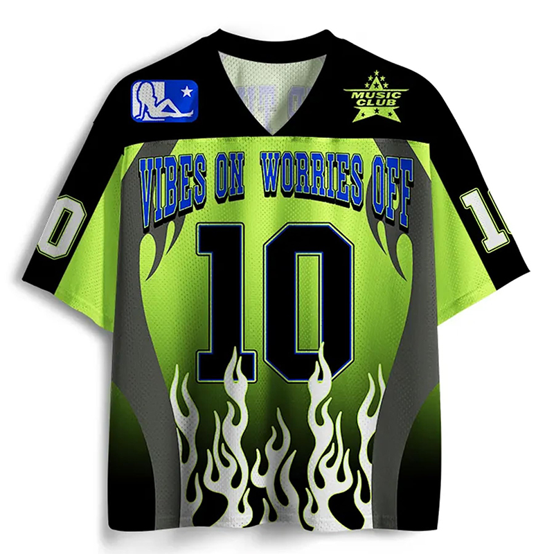 Personalized Green Flame Mesh Jersey Custom Number Vibes On Worries Off Y2K Sportswear