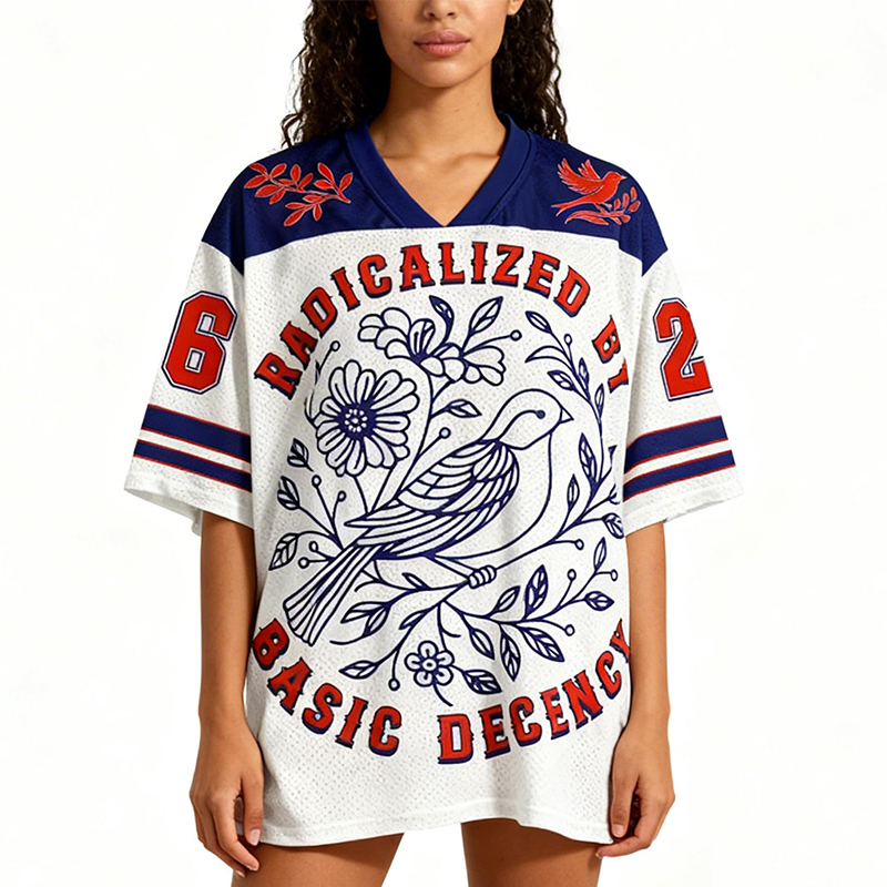 Personalized Radicalized By Basic Decency Mesh Football Jersey Custom Number Bird and Floral Social Justice Tee