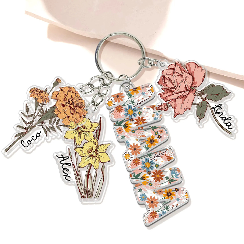 Personalized Mother's Day Gift For Mom Custom Grandma Keychain With Birth Month Flowers Charm Mama Keychain Gift From Kids Grandma Gifts