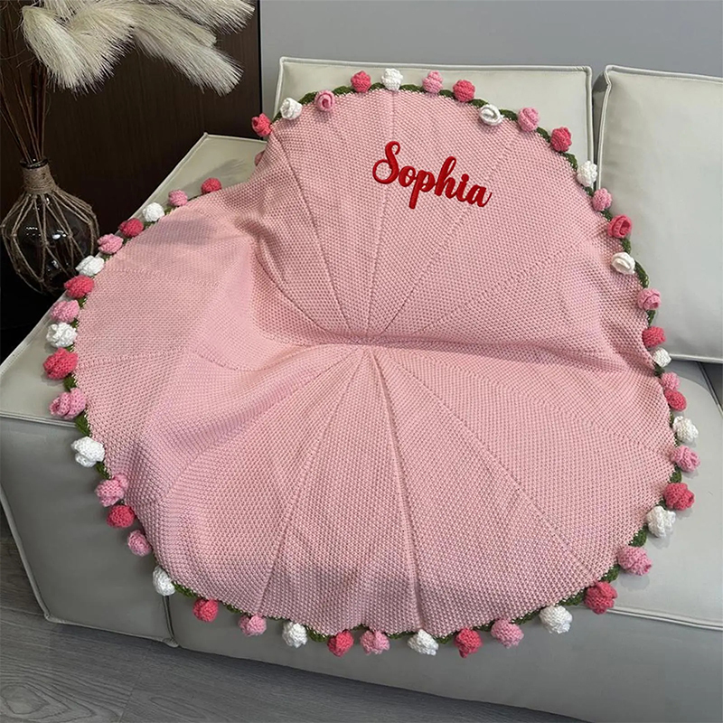 Personalized Pink Crochet Rose Bouquet Blanket Flower Blanket Custom Name Floral Knit Wrap for Her Mother's Day Gift