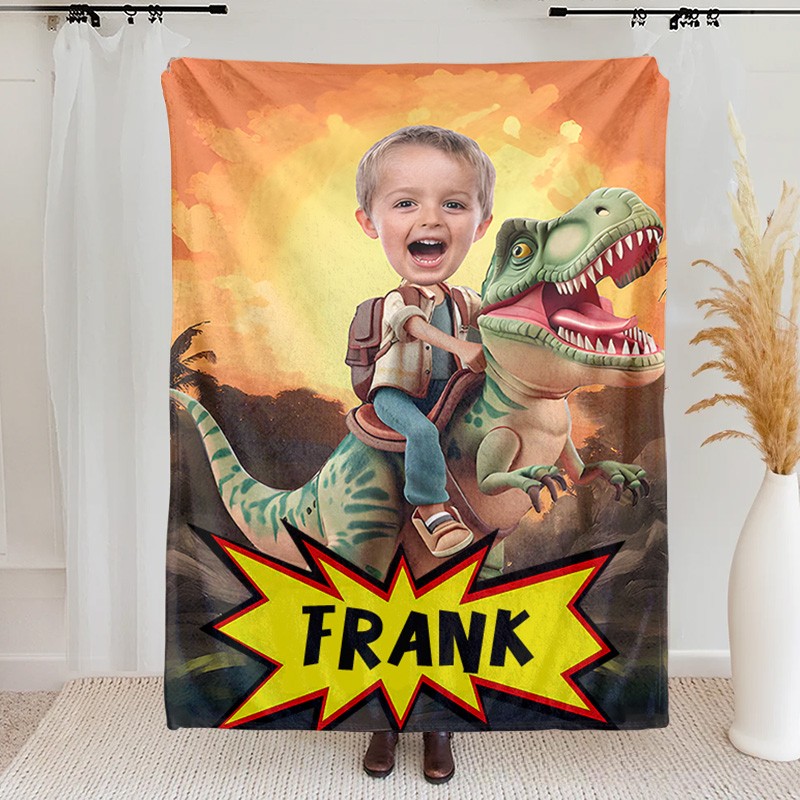Personalized Kid Photo Blanket with Funny Face Little Boy Riding Dinosaur Gift for Boys
