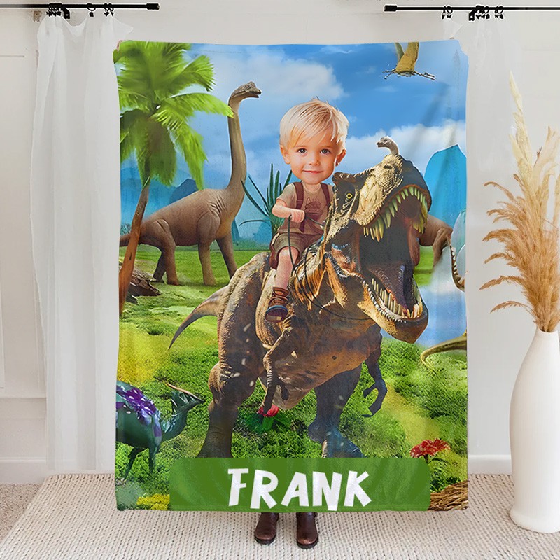 Personalized Boy Riding Dinosaur Blanket with Photo Gift for Boys