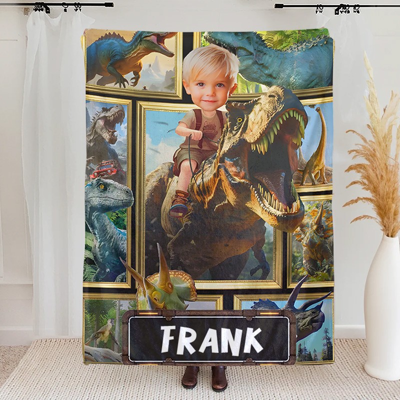 Personalized Boy Riding Dinosaur Fleece Blanket Gift for Kids