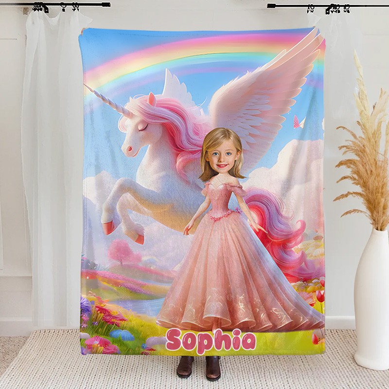 Personalized Princess and Dream Horse Blanket with Funny Photo Gift for Kids Birthday Children's Day Gift