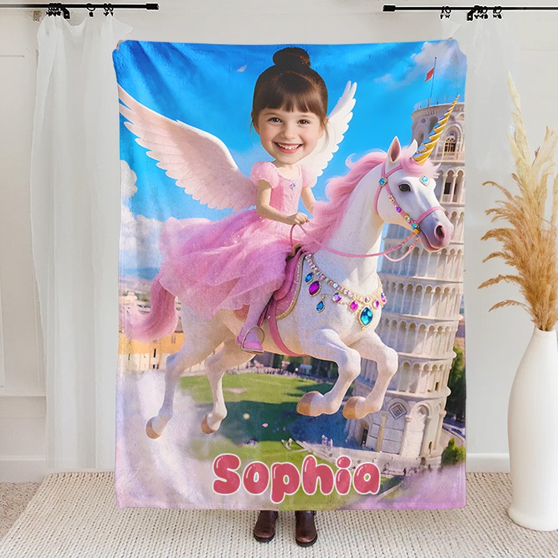 Personalized Blanket Dream Horse and Girl in Pink Dress with Silver Wings Leaning Tower Fantasy Landscape Birthday Children's Day Gift