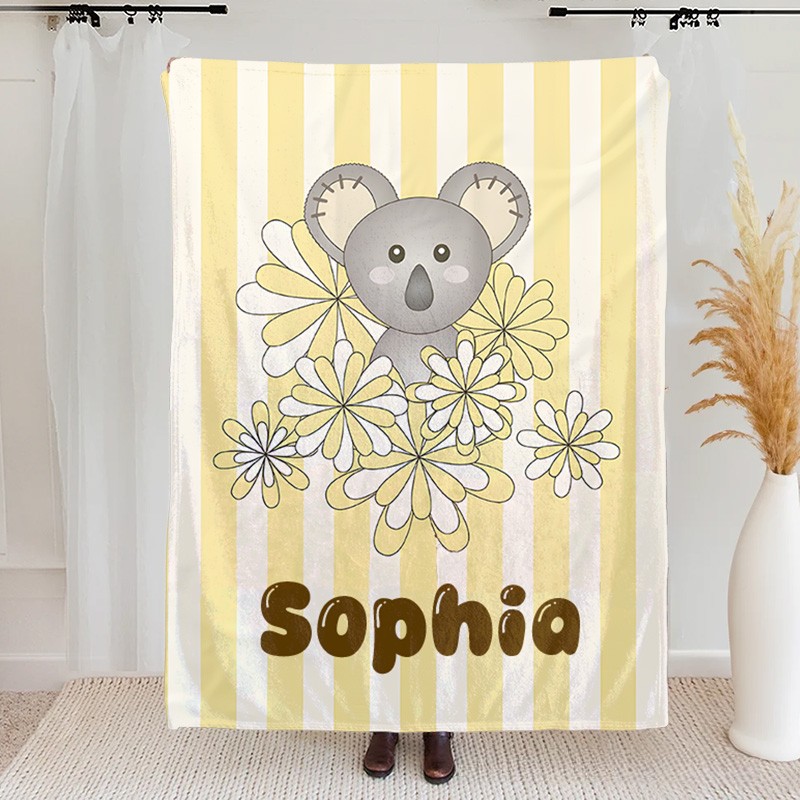 Personalized Yellow Stripe Cute Baby Koala Bear Kids Blanket Birthday Children's Day Gift