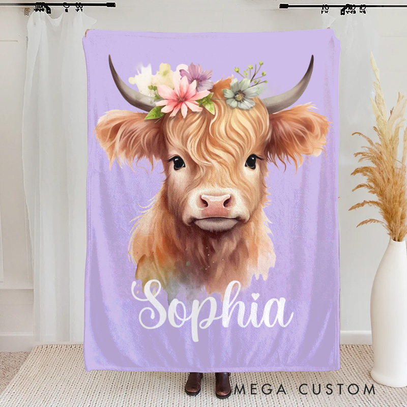 Personalized Cute Floral Highland Cow Soft Throw Baby Blanket with Name Birthday Gift for Highland Cow Lovers