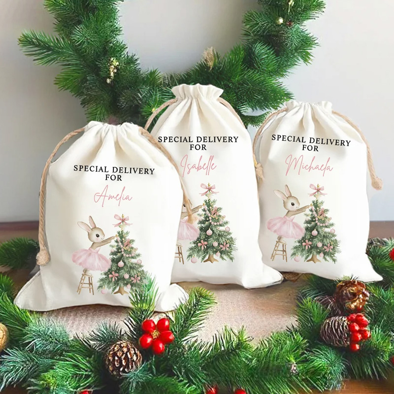 Personalized Christmas Tree Cute Pink Rabbit Santa Sack Gift Bag with Name Christmas Party Favors