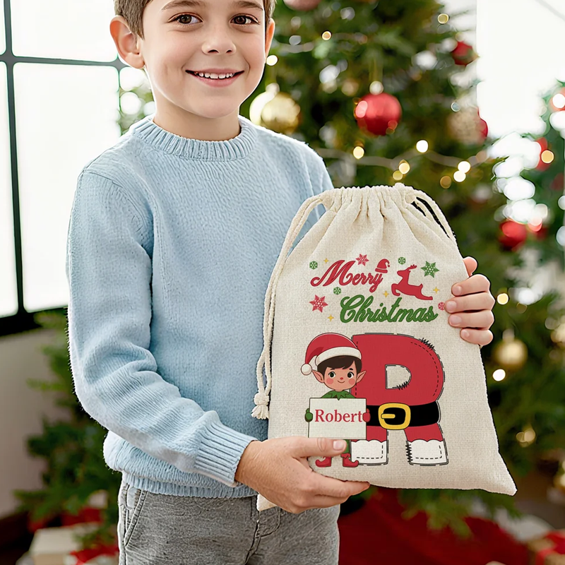 Personalized Christmas Elf Drawstring Canvas Gift Bag with Name and Initial Christmas Party Gift 
